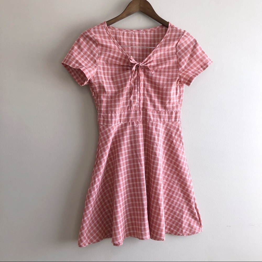 Preppy Plaid V Neck Fit And Flare Short Sleeve Flowy Mini Dress Pink White